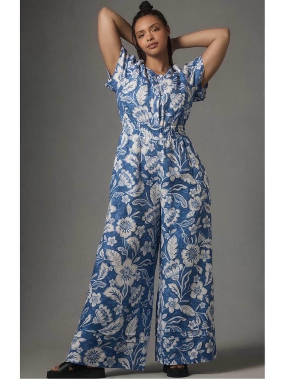 Anthropologie The Somerset Jumpsuit Wide Leg Linen Blue Floral Petite Large